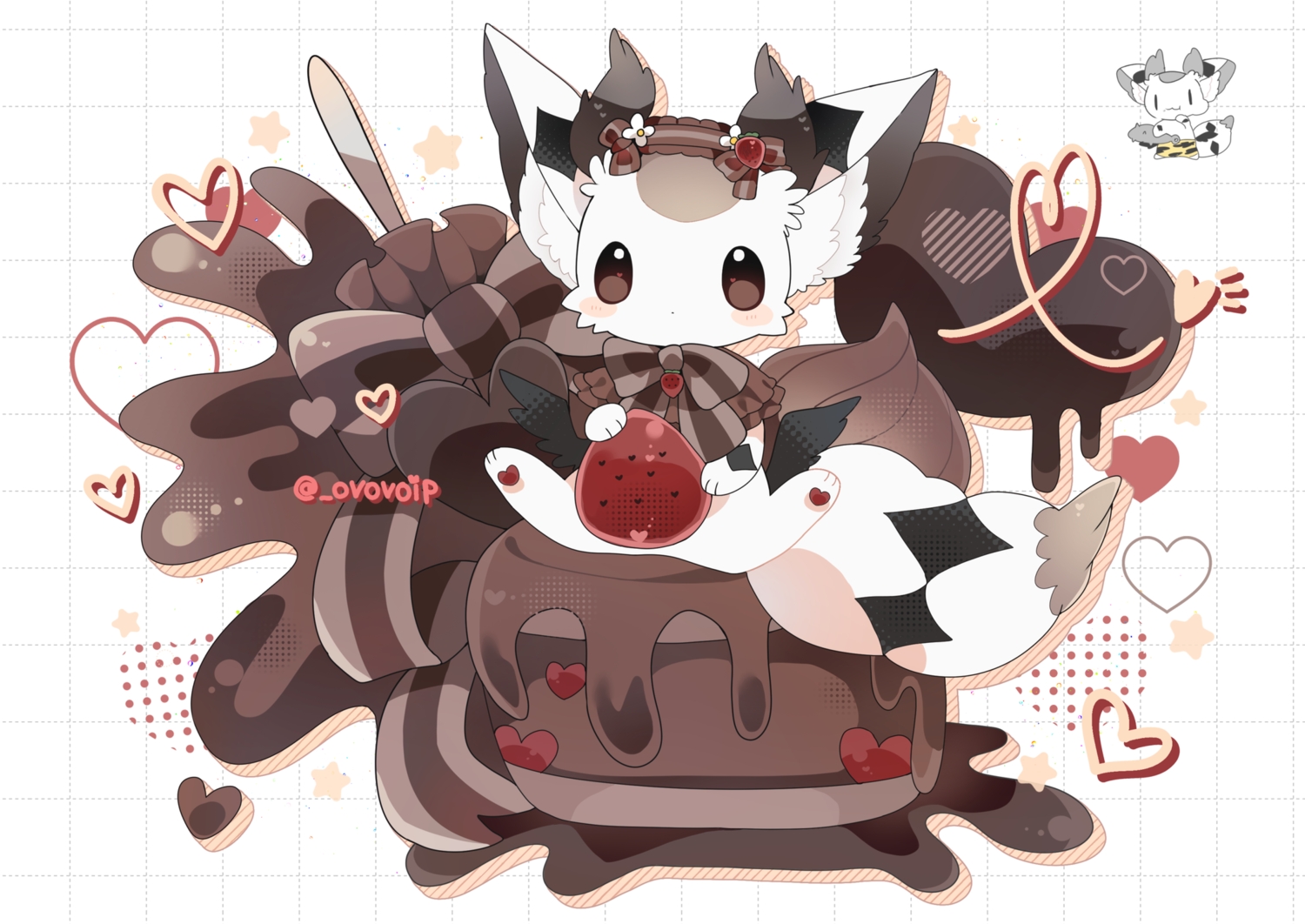 animal, blush, bow, brown_eyes, cake, chocolate, food, fruit, headdress, heart, no_humans, original, polychromatic, shirasuame_shiromaru, signed, strawberry, white