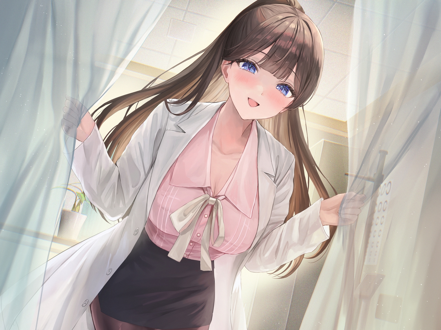 blue_eyes, blush, breasts, brown_hair, cleavage, long_hair, original, pantyhose