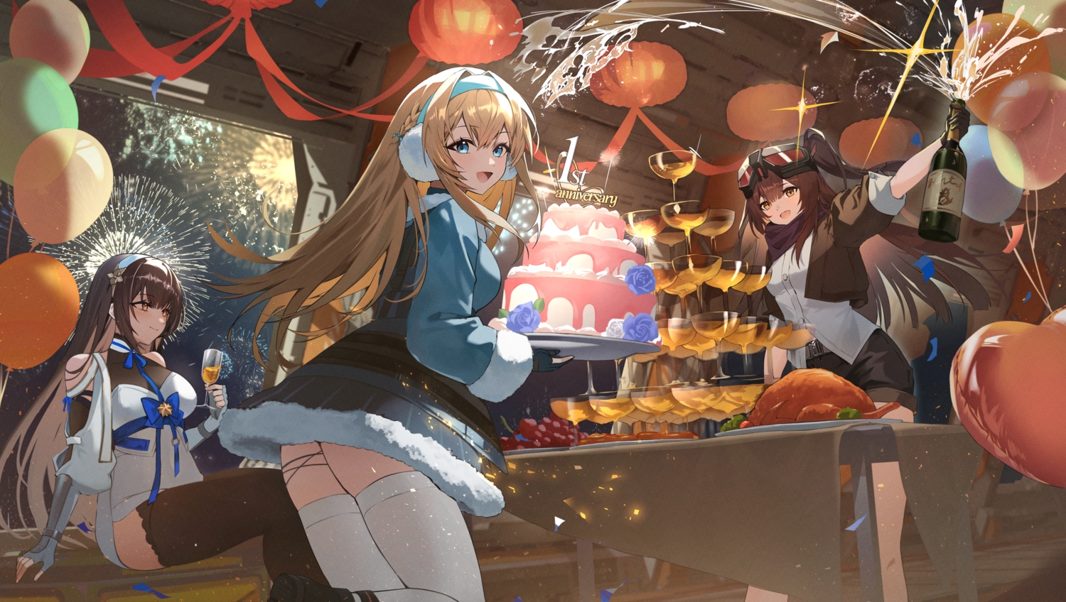 blonde_hair, blue_eyes, brown_eyes, brown_hair, cake, daiyan_(girls_frontline_2), dress, drink, elbow_gloves, fireworks, food, girls_frontline, girls_frontline_2, gloves, headband, long_hair, mayling_shen_(girls_frontline_2), ribbons, shorts, skirt, sky, suomi_(girls_frontline), thighhighs, type_95_(girls_frontline), zima_(win_octopus)