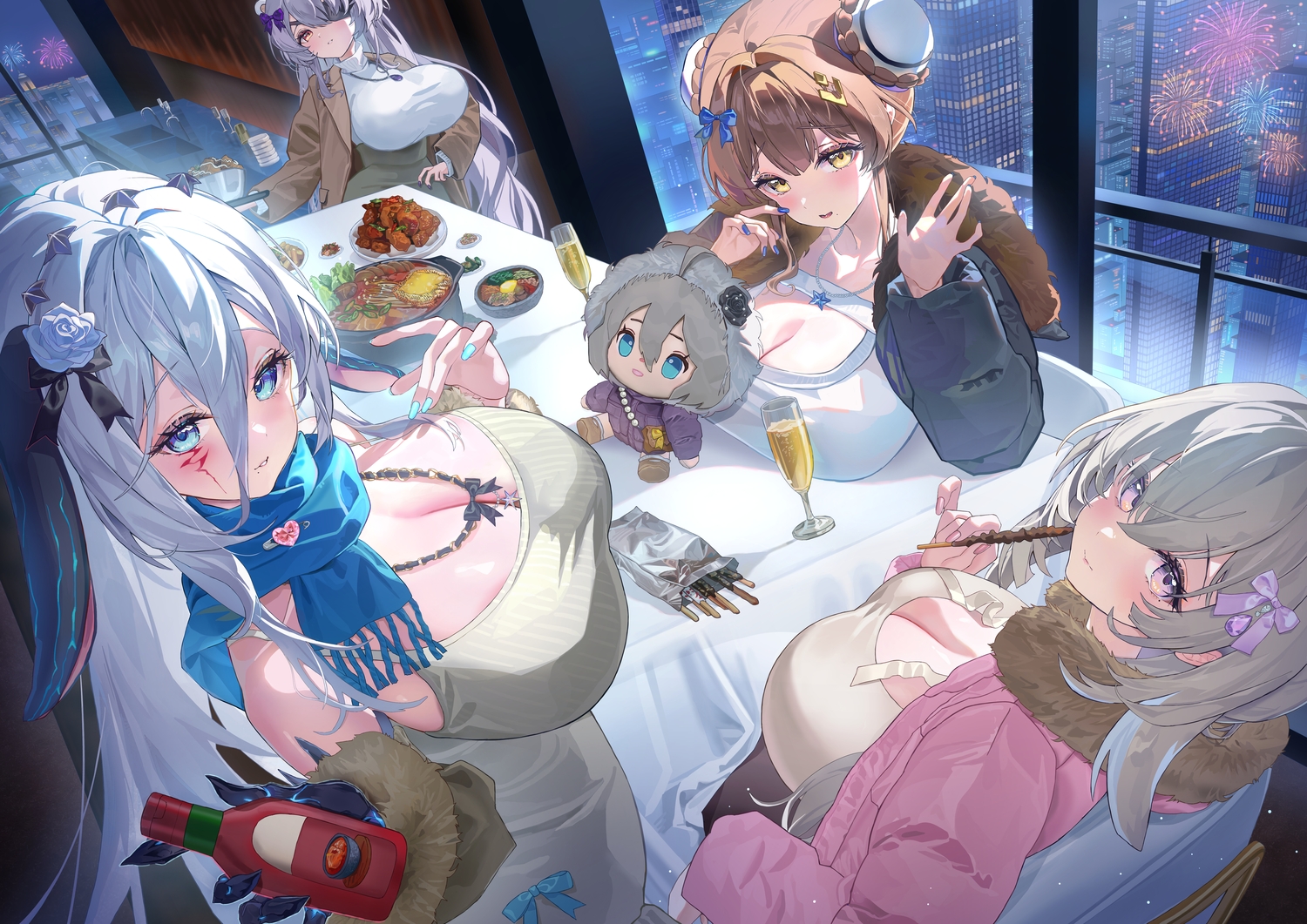 a999212, animal_ears, blush, bow, breasts, brown_hair, building, chaos_zero_nightmare, city, cleavage, doll, dress, drink, fireworks, food, gray_eyes, gray_hair, group, khalipe_(chaos_zero_nightmare), long_hair, narja_(chaos_zero_nightmare), necklace, pocky, purple_eyes, renoa_(chaos_zero_nightmare), scarf, sereniel_(chaos_zero_nightmare), yellow_eyes, yuki_(chaos_zero_nightmare)