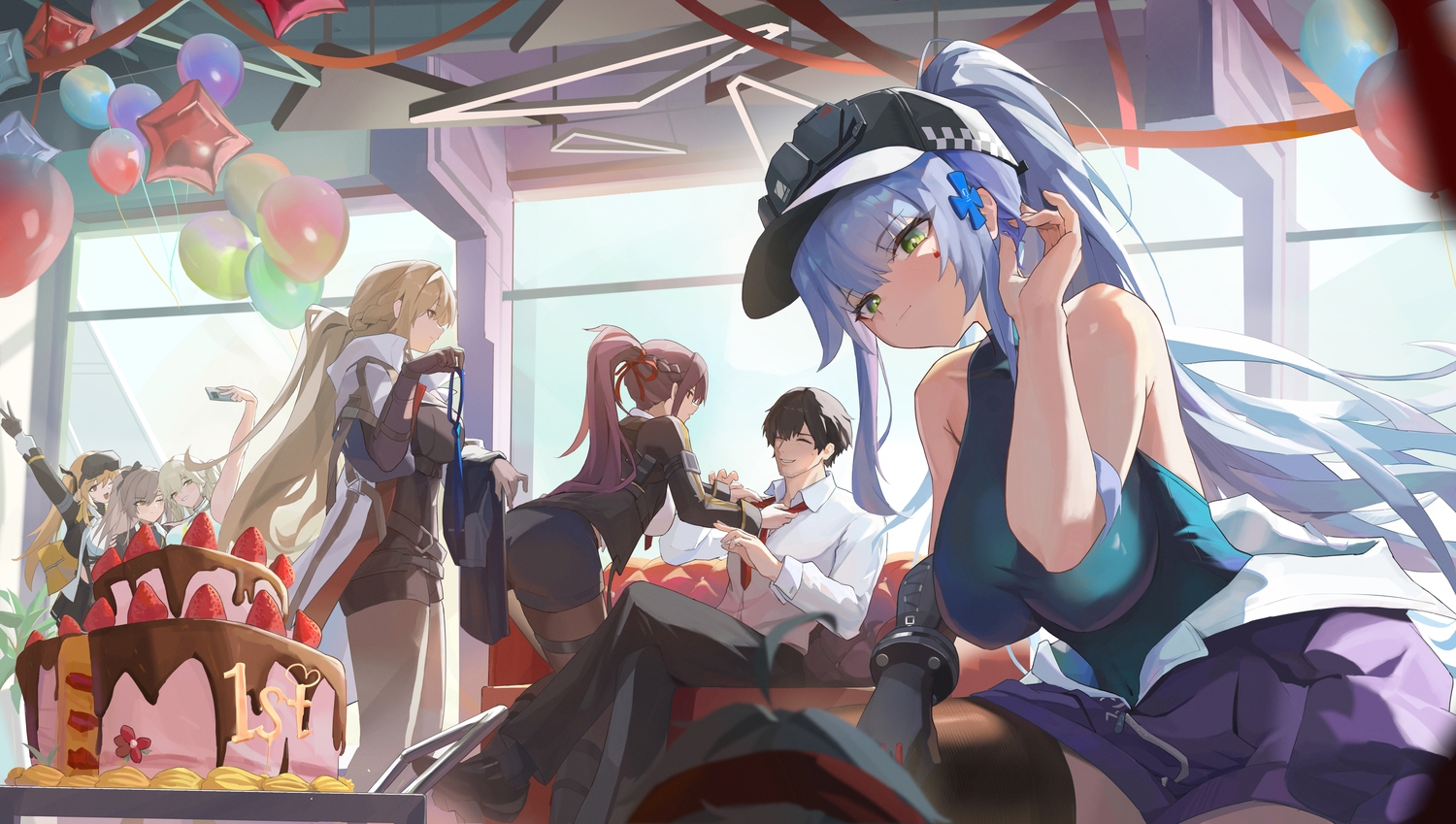 braids, brown_hair, cake, commander_(girls_frontline), food, fruit, garter, girls_frontline