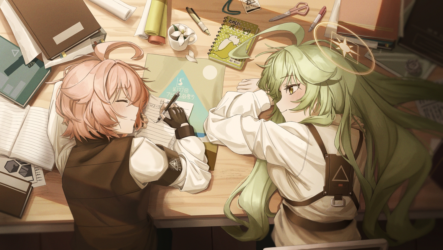 2girls, blue_archive, blush, book, doumu_(31678316), flowers, gloves, green_hair