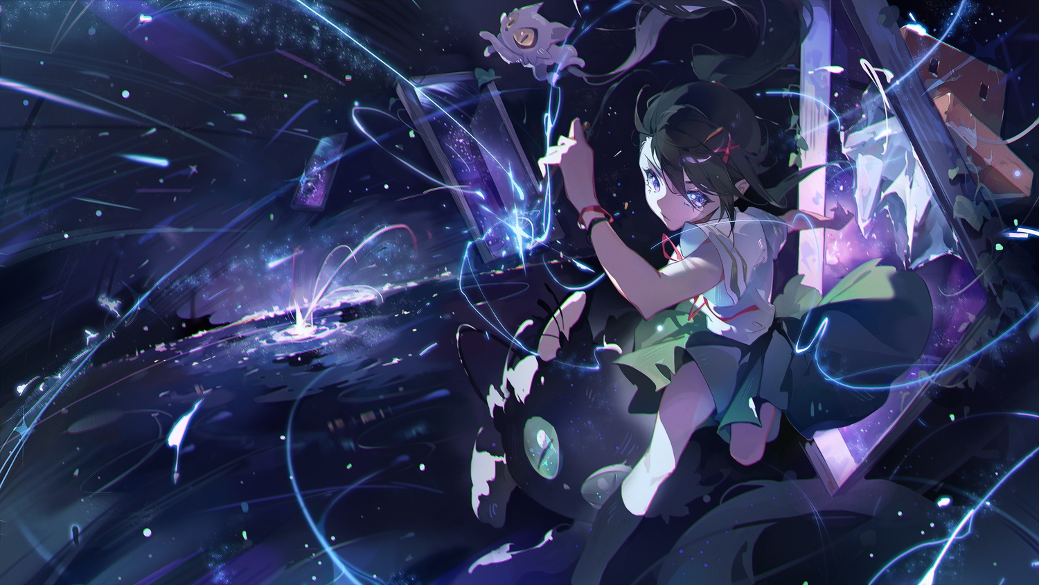 animal, brown_hair, bukui_shi_wo, cat, daijin_(suzume), iwato_suzume, kneehighs, long_hair