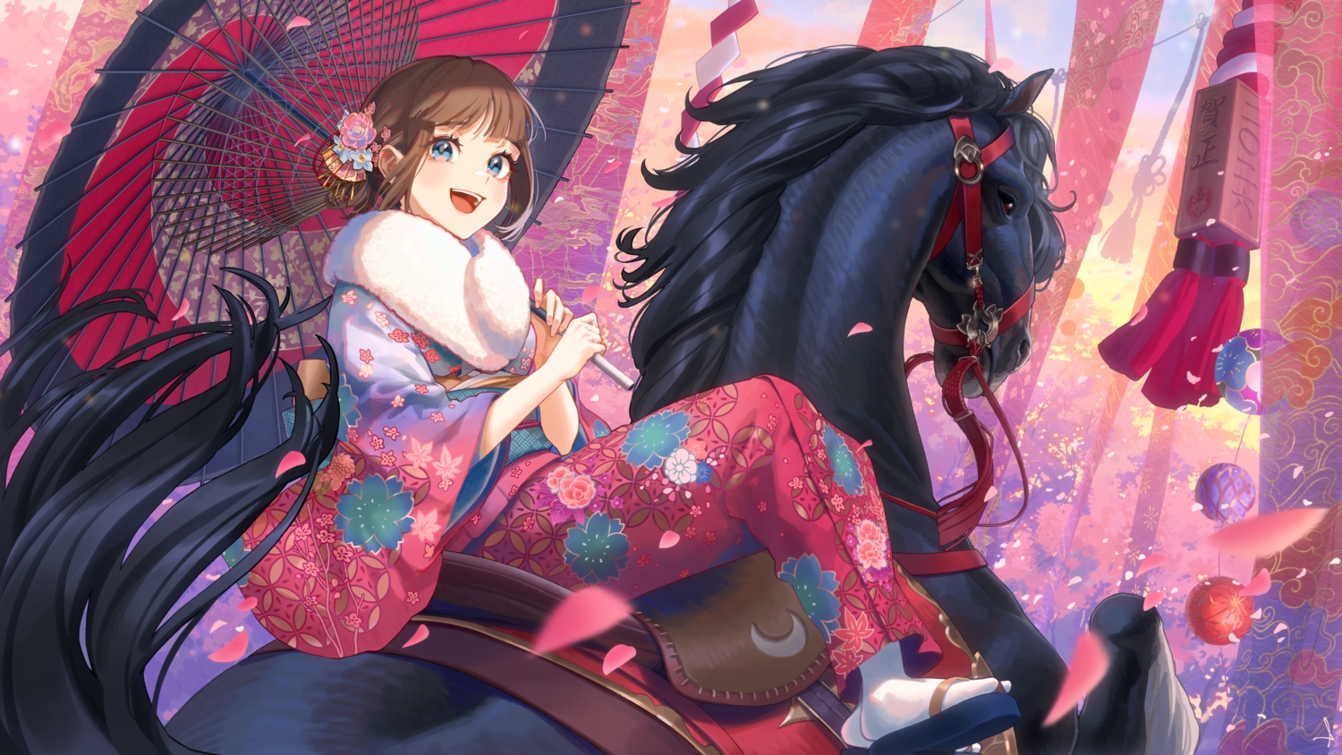 animal, blue_eyes, brown_hair, cherry_blossoms, flowers, horse, japanese_clothes, kimono