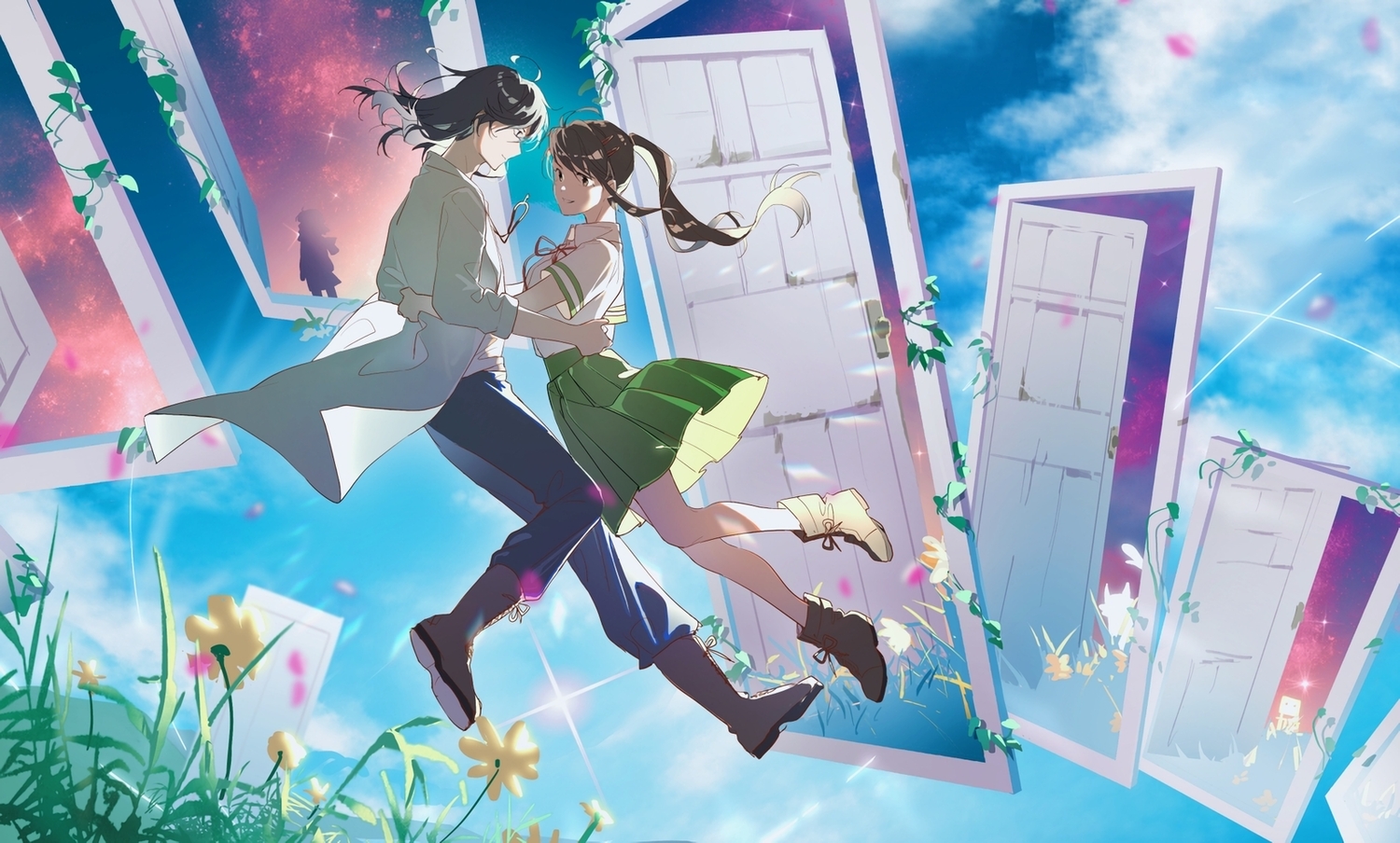 boots, brown_hair, butterfly768, clouds, flowers, grass, iwato_suzume, long_hair, male, munakata_souta, ponytail, school_uniform, skirt, sky, suzume_no_tojimari, waifu2x