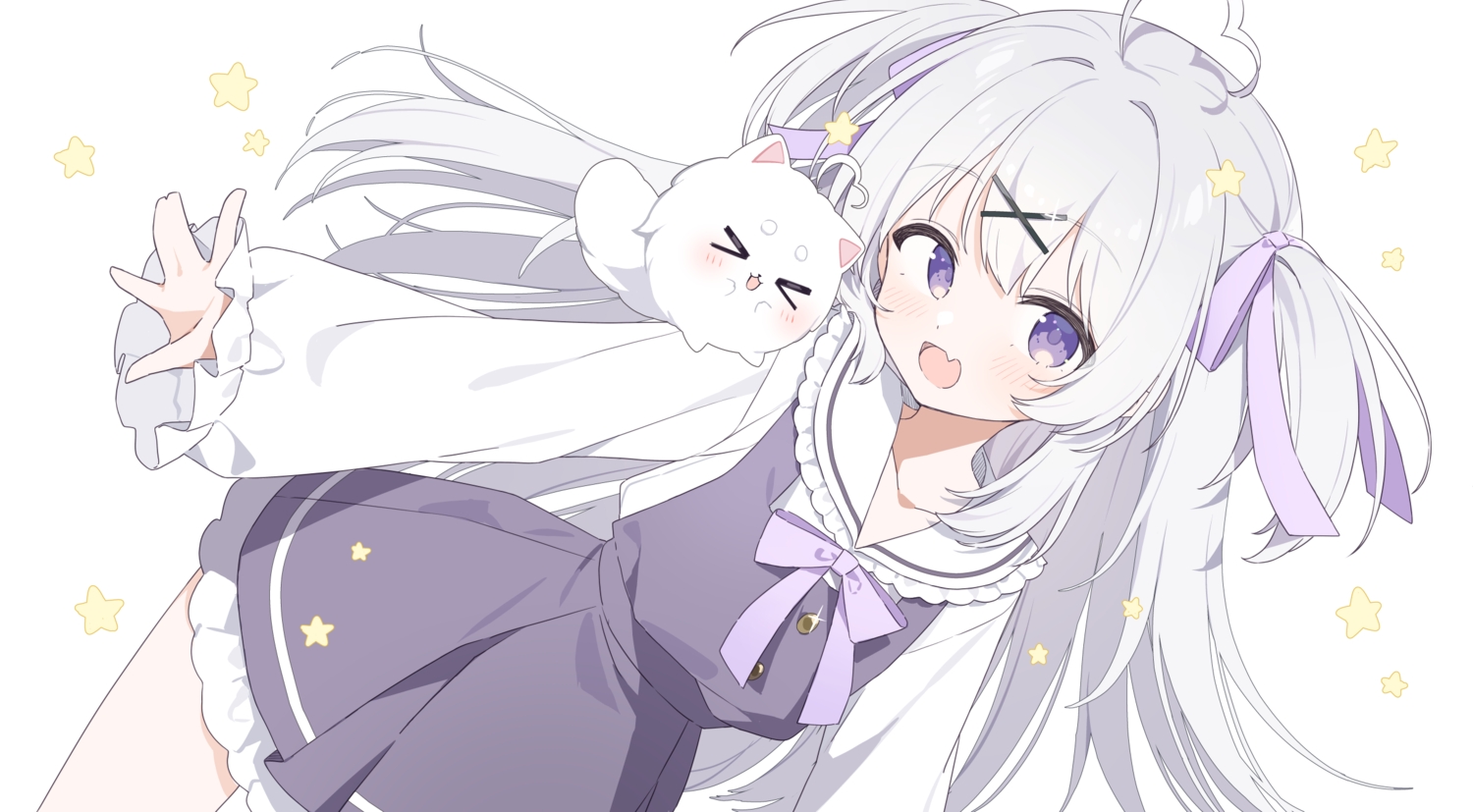animal, blush, bow, dress, gray_hair, indie_virtual_youtuber, loli, long_hair, purple_eyes, ribbons, school_uniform, shironoha_ito, stars, urotsuki_(ku9625), white
