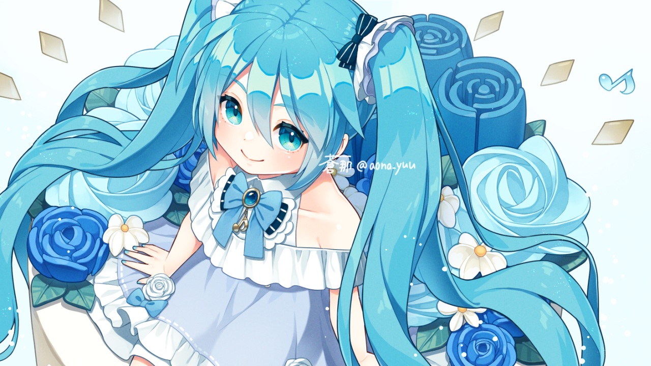 aona_(noraneko), aqua_eyes, aqua_hair, bow, cake, dress, food, hatsune_miku, long_hair, music, signed, twintails, vocaloid, white