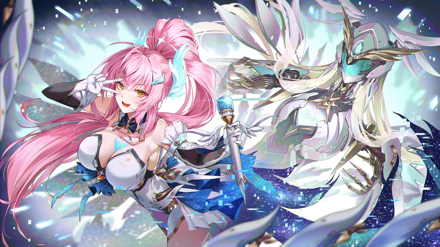 aemeath_(wuthering_waves), aliasing, black_0_0p, bow, breasts, cleavage, dress, elbow_gloves