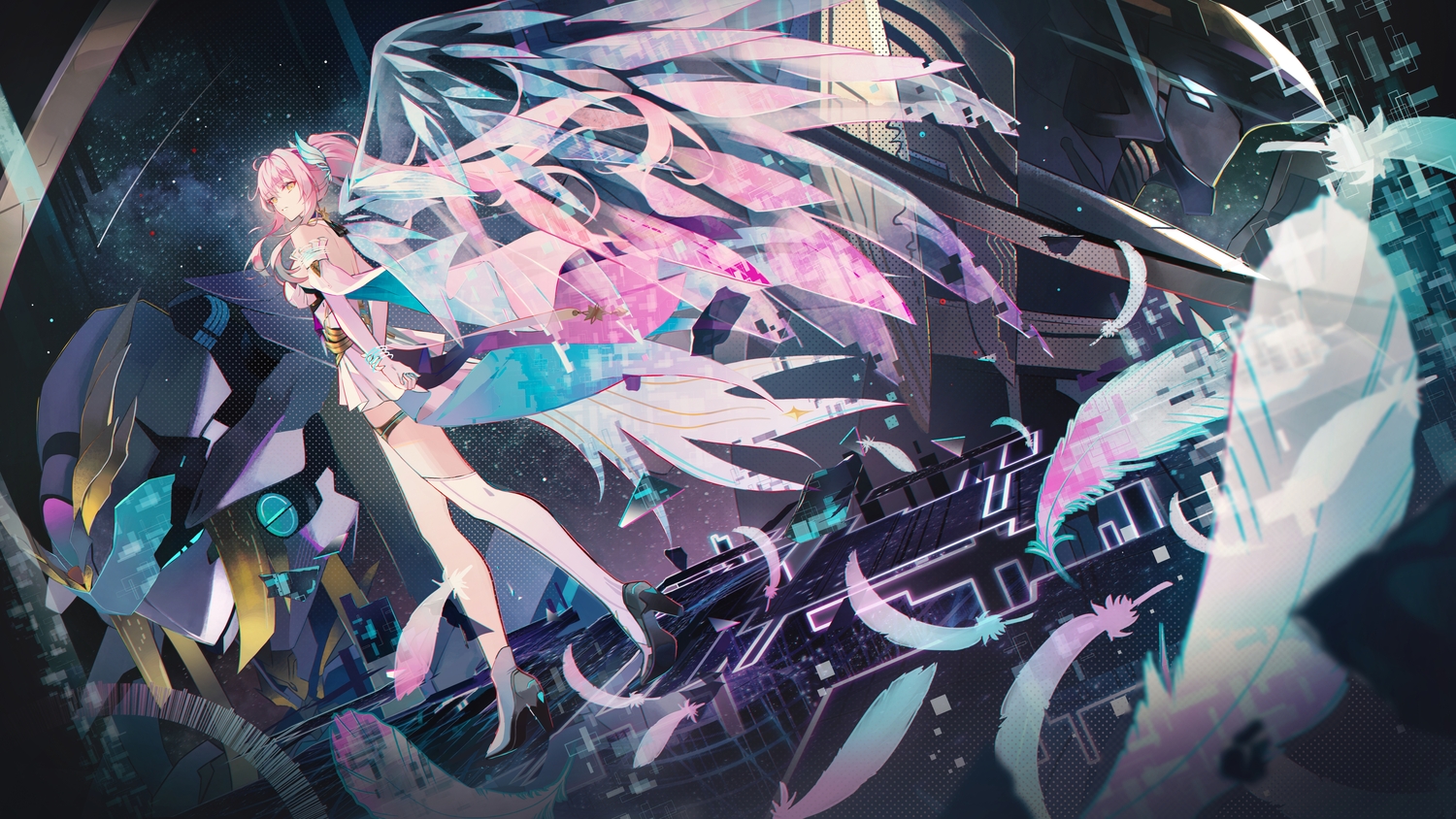 aemeath_(wuthering_waves), exostrider_(wuthering_waves), feathers, garter, hyonee, long_hair, mecha, pink_hair, ponytail, skirt, stars, thighhighs, wings, wuthering_waves, yellow_eyes