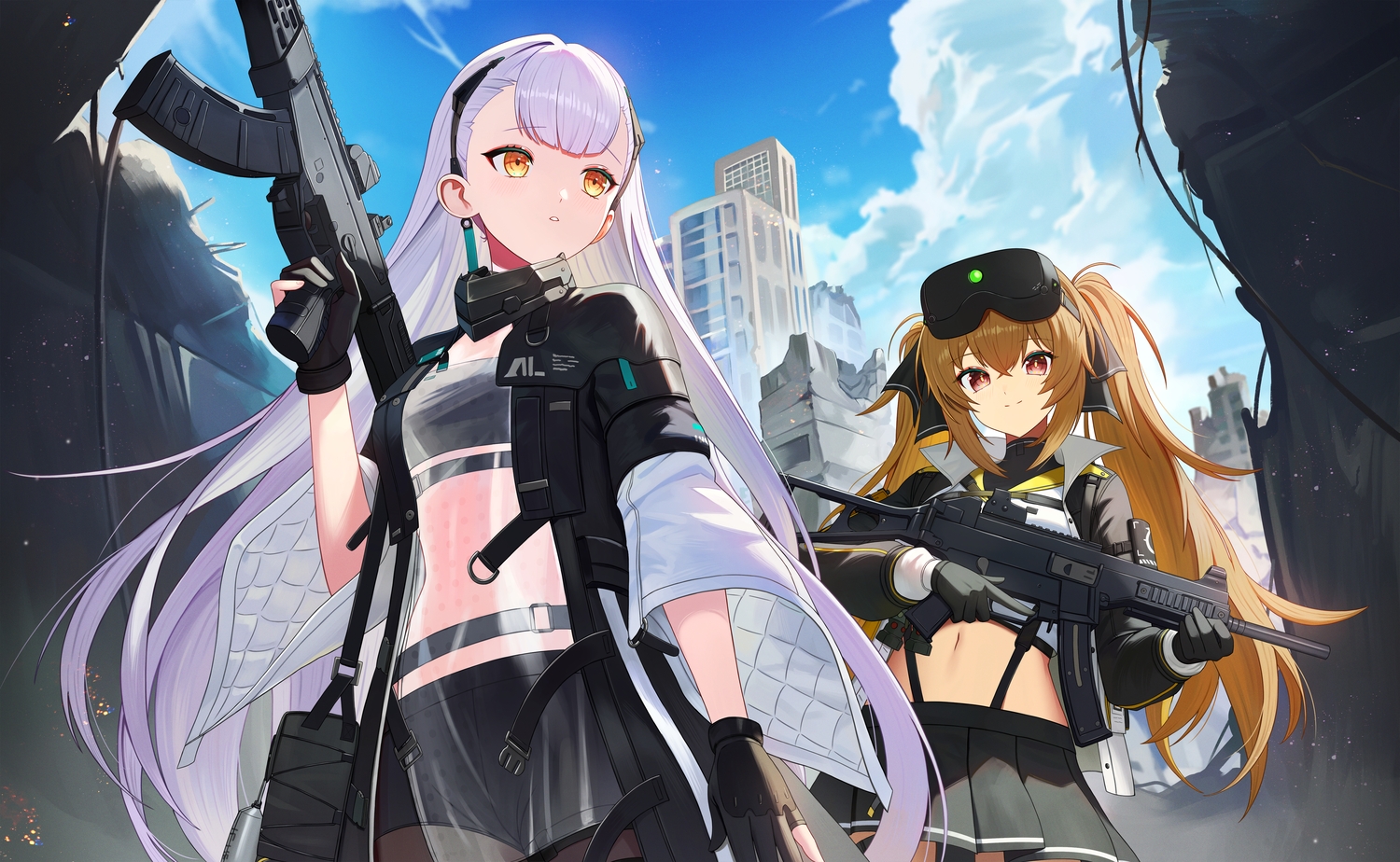 2girls, ak-alfa_(girls_frontline), brown_hair, clouds, girls_frontline, girls_frontline_2, gray_hair, gun, lenna_(girls_frontline_2), long_hair, melreon, navel, pantyhose, red_eyes, ruins, see_through, shorts, skirt, sky, tololo_(girls_frontline_2), twintails, ump-9_(girls_frontline), weapon, yellow_eyes