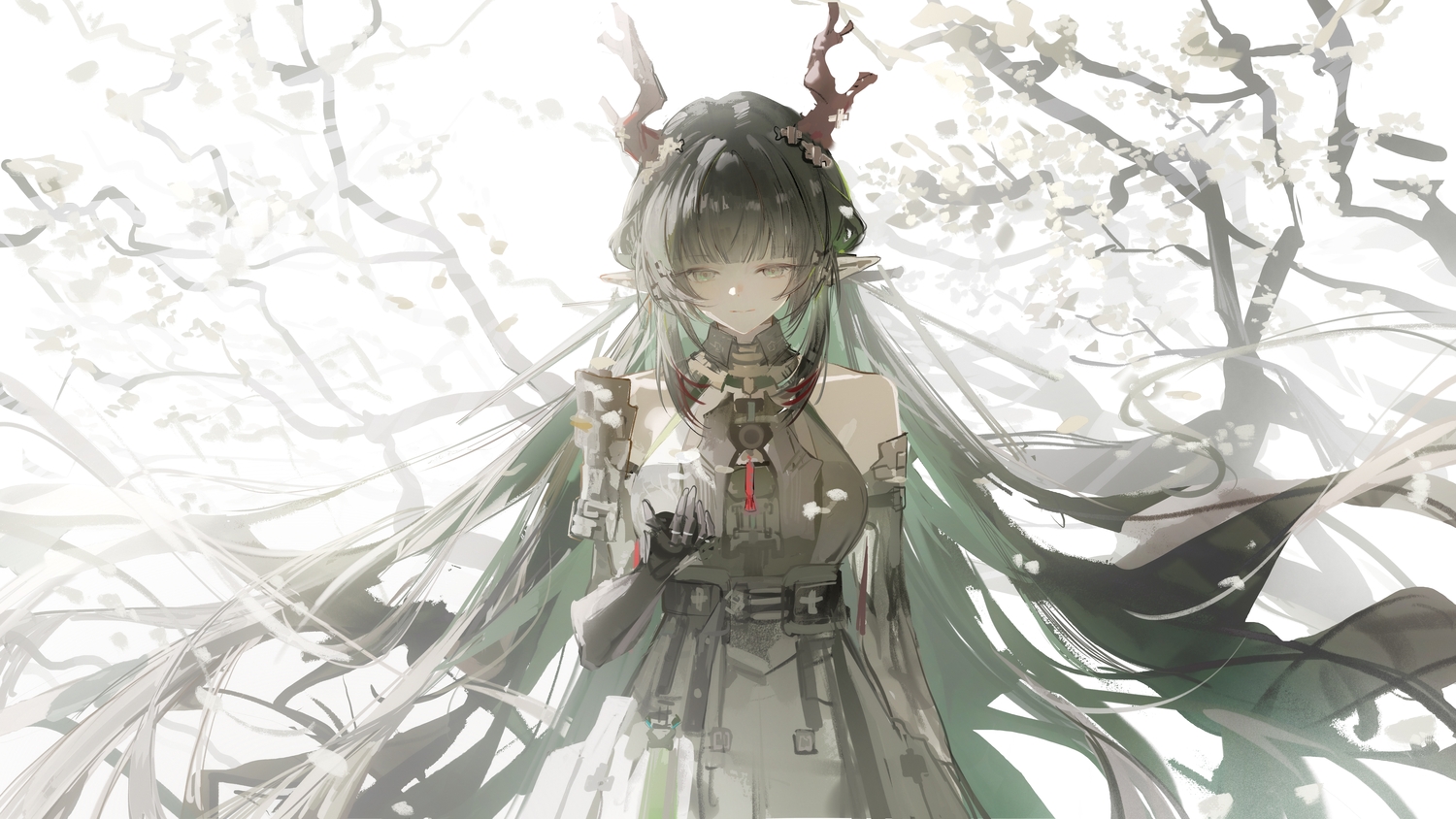arknights, arknights:_endfield, black_hair, close, gloves, gray_eyes, horns, long_hair