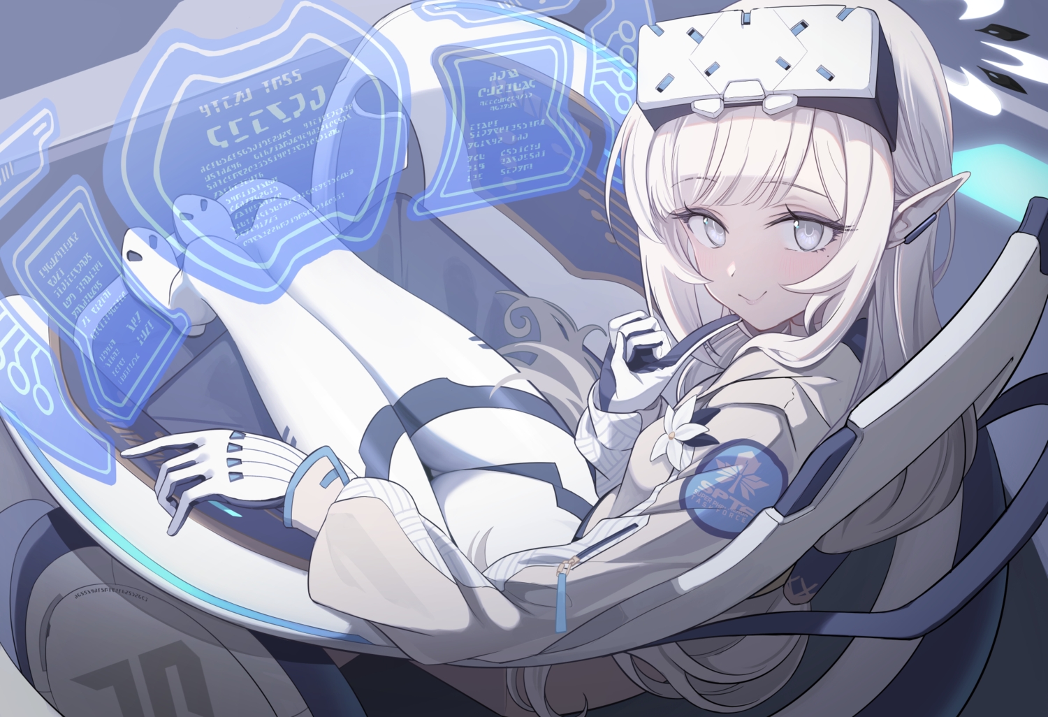 akeboshi_himari, blue_archive, blush, bodysuit, gray_eyes, halo, long_hair, pointed_ears, shirousagi_una, white_hair