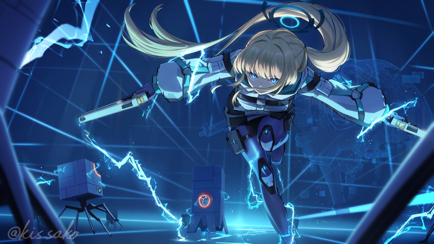 asuma_toki, blonde_hair, blue_archive, garter, gloves, gun, halo, kis_sako, long_hair, ponytail, weapon