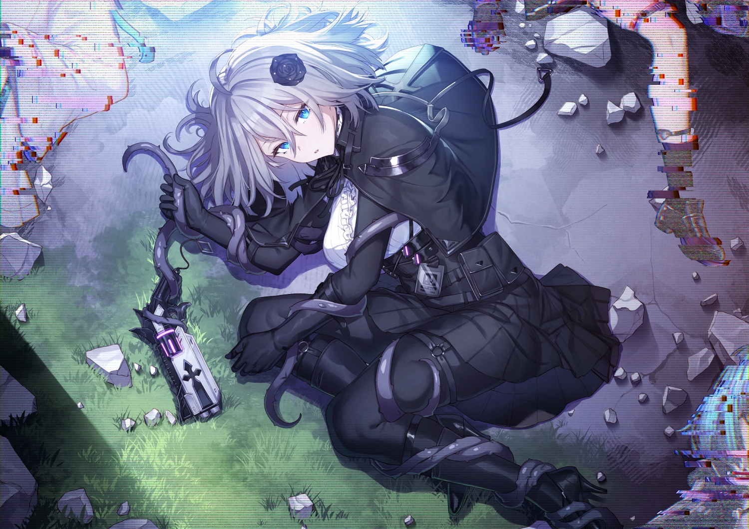aqua_eyes, cape, chaos_zero_nightmare, flowers, garter, gloves, goth-loli, grass, gray_hair, gun, ibuki_notsu, lolita_fashion, pantyhose, renoa_(chaos_zero_nightmare), rose, skirt, weapon