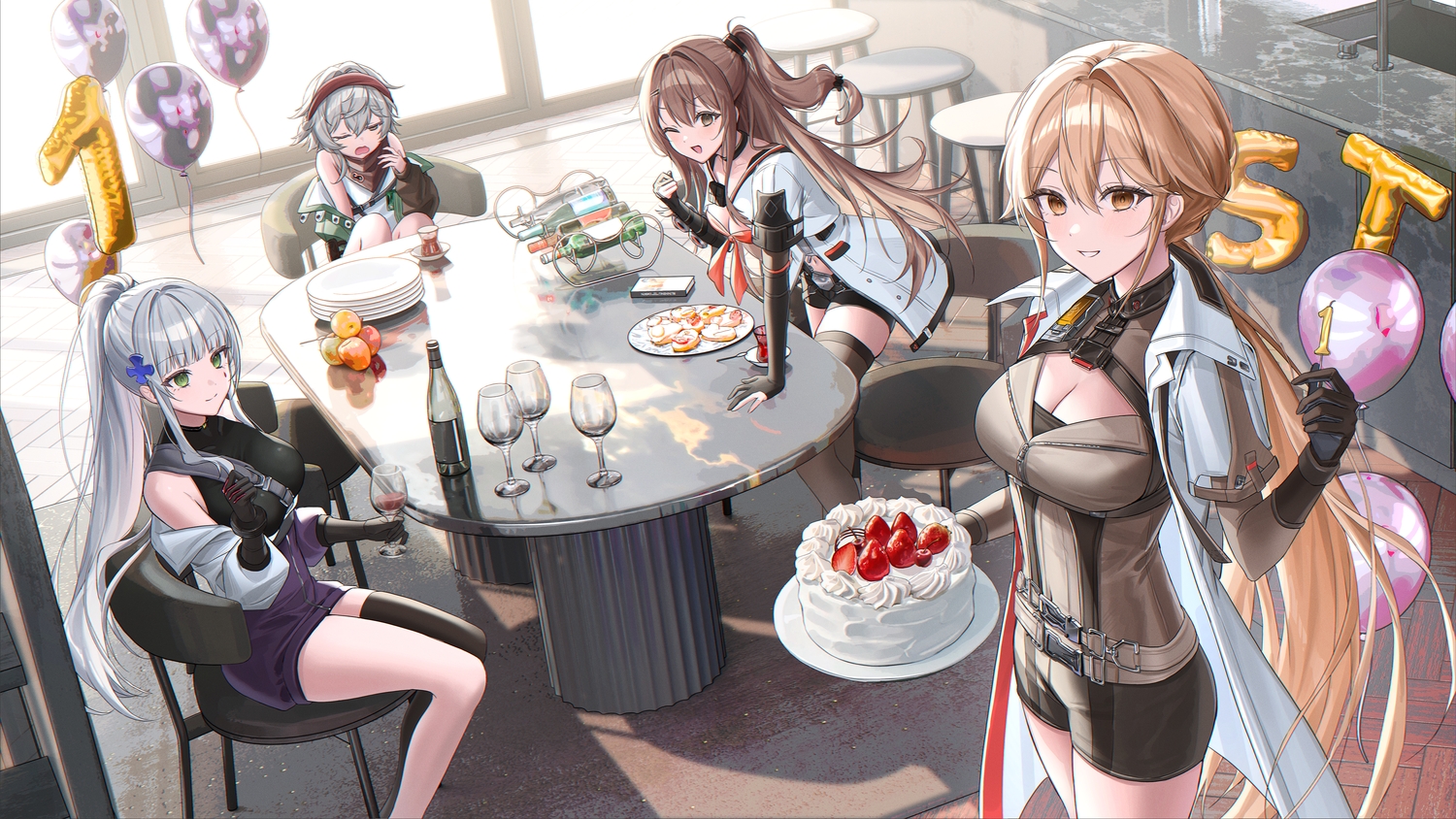aliasing, apple, brown_eyes, brown_hair, cake, drink, food, fruit