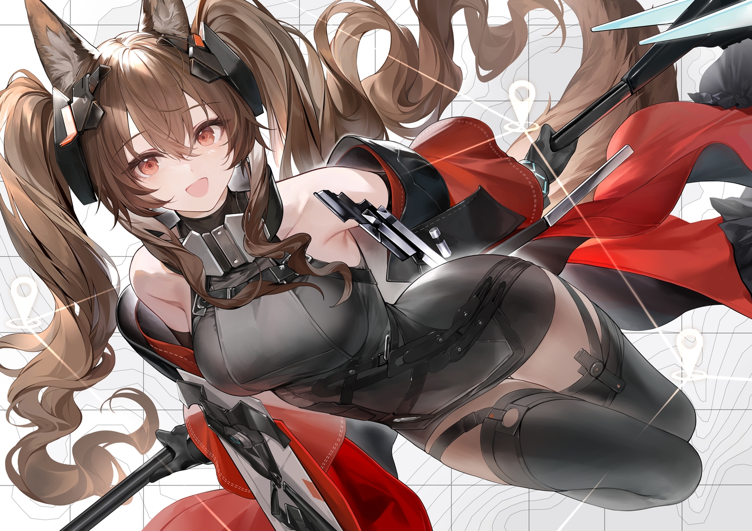 angelina_(arknights), animal_ears, an_yasuri, arknights, arknights:_endfield, brown_hair, dress, foxgirl, gilberta_(arknights:_endfield), gloves, long_hair, red_eyes, tail, thighhighs, twintails, zettai_ryouiki