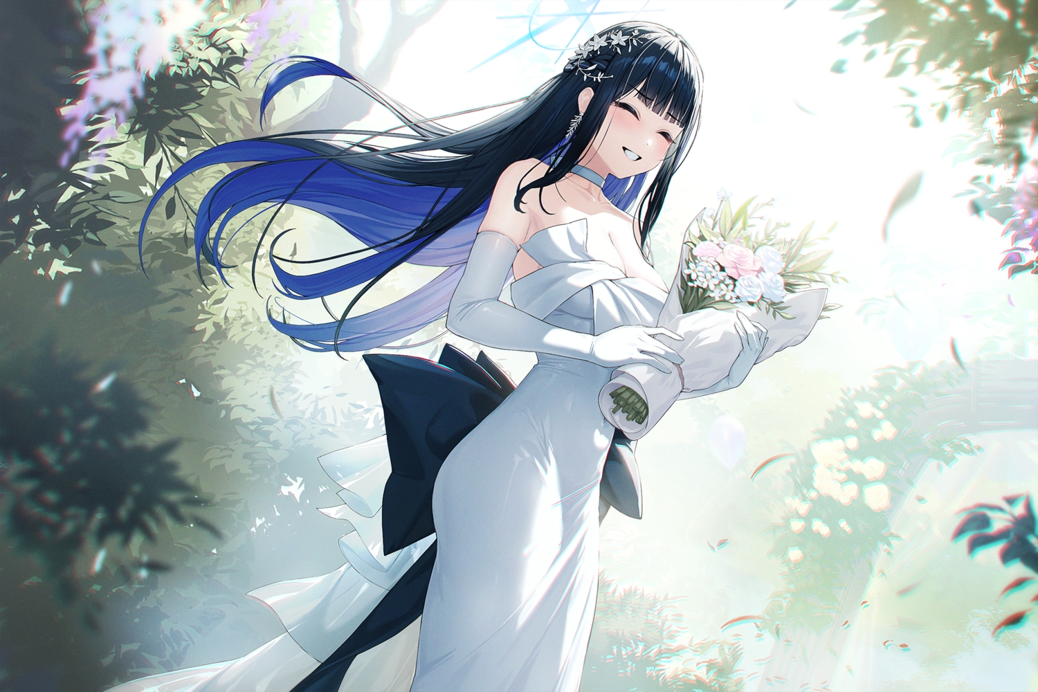 amano_misaki, black_hair, blue_archive, blush, choker, dress, elbow_gloves, flowers