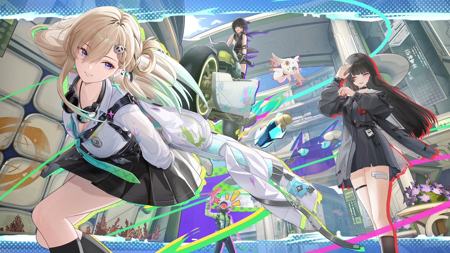 abby_(wuthering_waves), bandage, bicolored_eyes, black_hair, blonde_hair, bow, braids, breasts