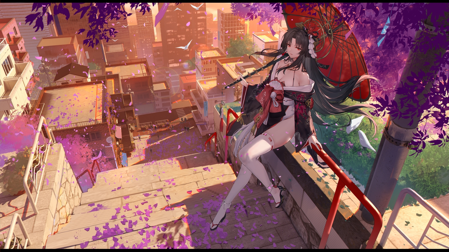3d, black_hair, breasts, building, city, cleavage, hotori_(nte), japanese_clothes
