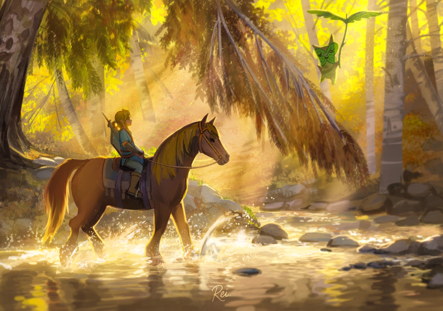 akatsukireii, all_male, animal, black_eyes, blonde_hair, boots, forest, horse