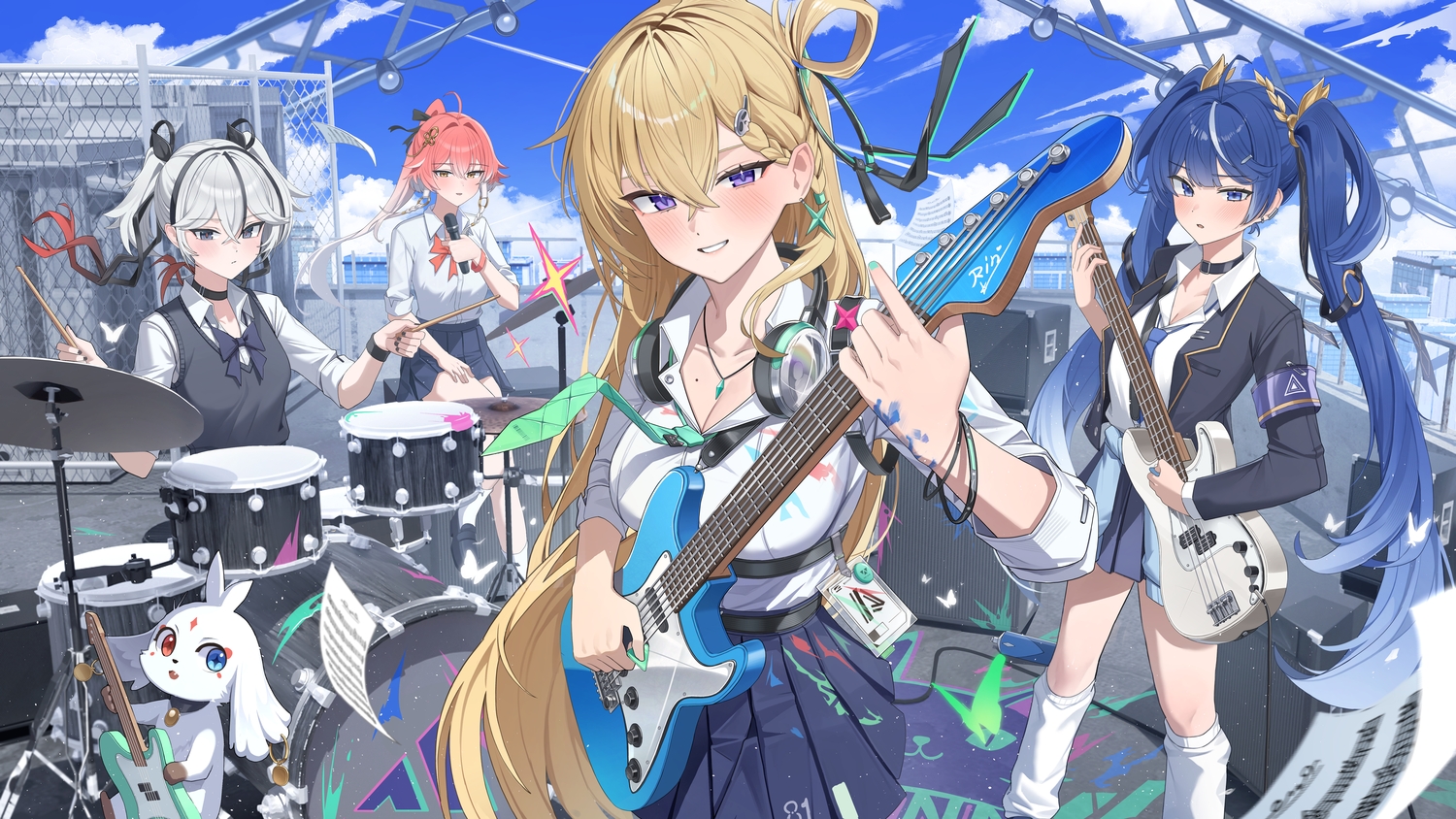 abby_(wuthering_waves), blonde_hair, blue_eyes, blue_hair, blush, braids, building, butterfly