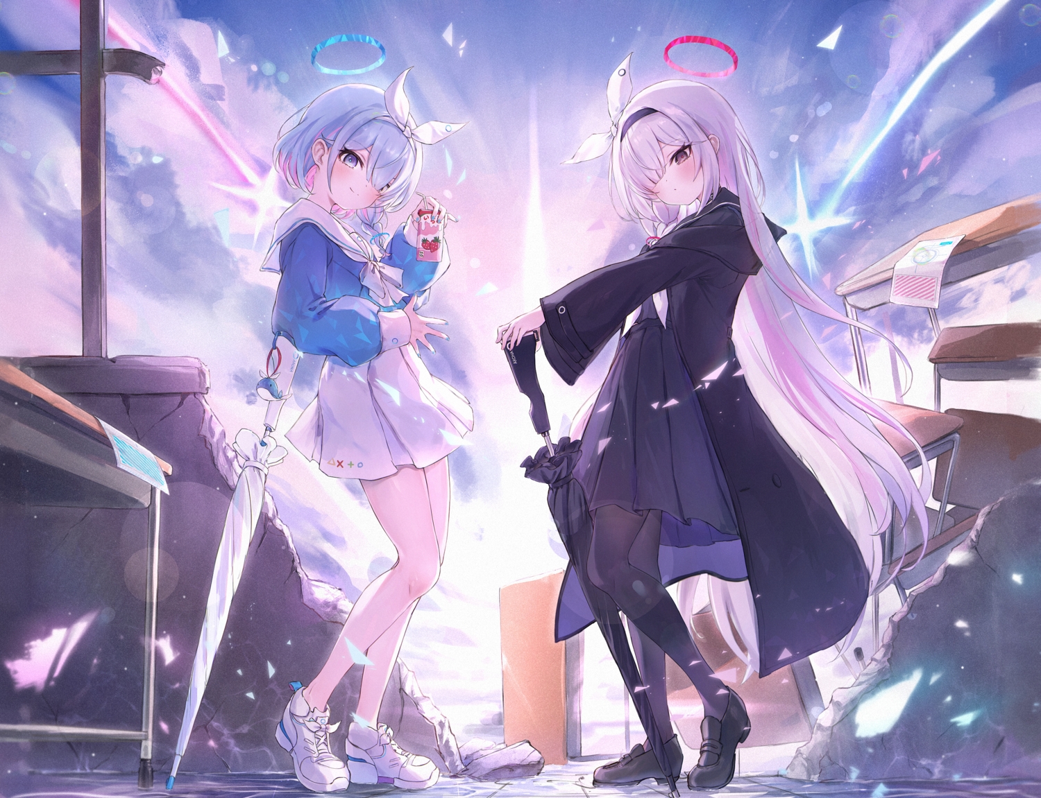2girls, aliasing, arona_(blue_archive), black_eyes, blue_archive, blush, braids, clouds