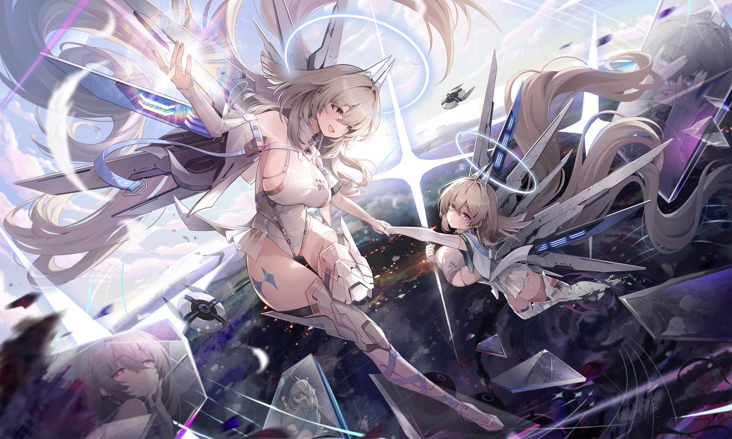 chaos_zero_nightmare, clouds, elbow_gloves, feathers, gloves, gray_eyes, gray_hair, halo, leotard, long_hair, mechagirl, no_bra, purple_eyes, salmonppang, sereniel_(chaos_zero_nightmare), sky, tears, thighhighs, wings