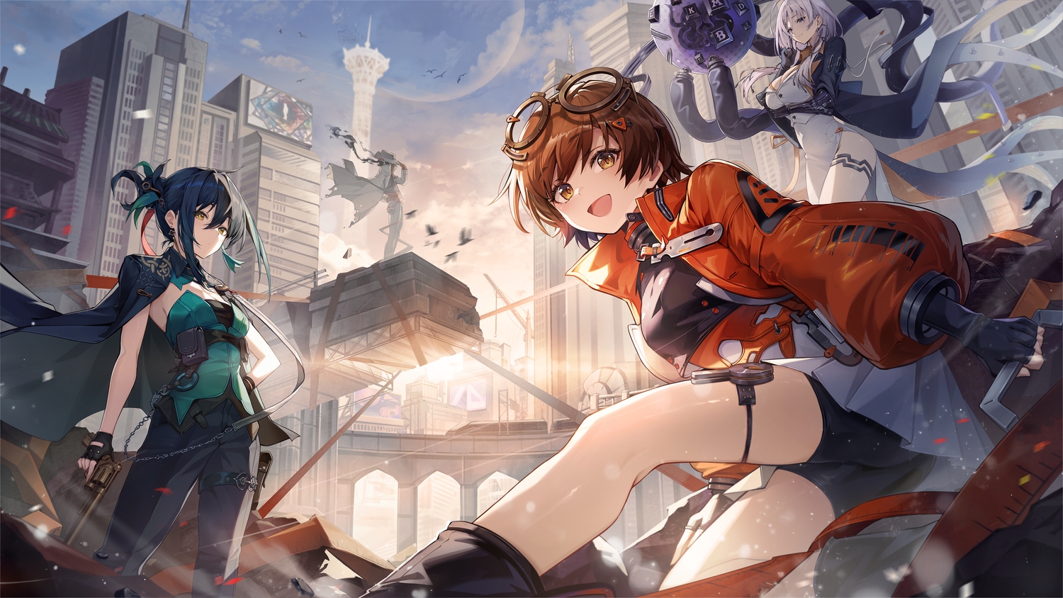 bike_shorts, breast_hold, brown_eyes, brown_hair, building, city, clouds, garter
