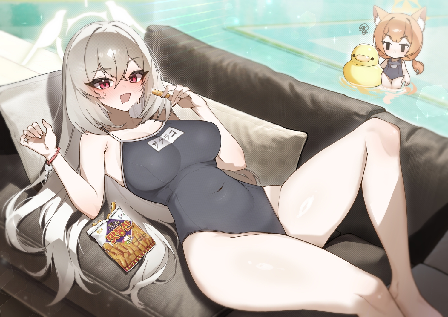 2girls, animal_ears, blue_archive, blush, catgirl, chibi, food, gray_hair
