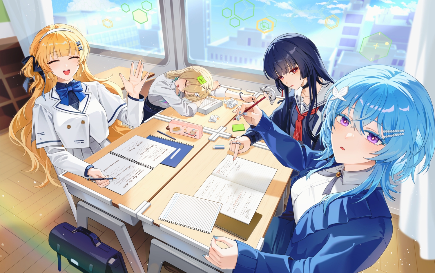 aete, aqua_hair, black_hair, blonde_hair, bow, building, chisa_(wuthering_waves), city, clouds, collar, group, headband, lynae_(wuthering_waves), phoebe_(wuthering_waves), purple_eyes, red_eyes, school_uniform, shorekeeper_(wuthering_waves), sky, sleeping, wuthering_waves