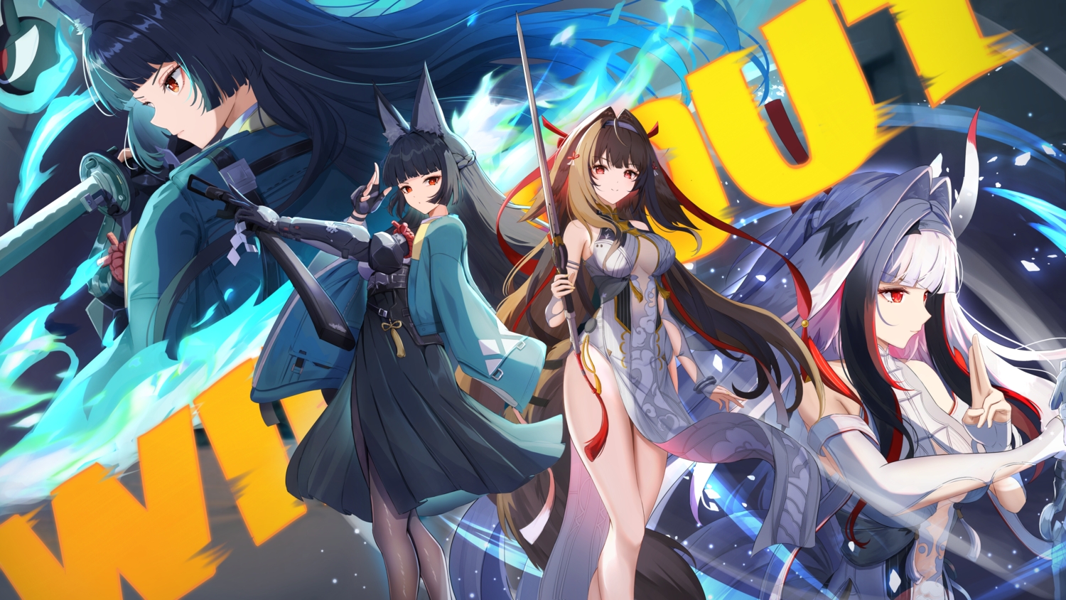 2girls, aliasing, animal_ears, black_hair, braids, breasts, brown_hair, chinese_clothes