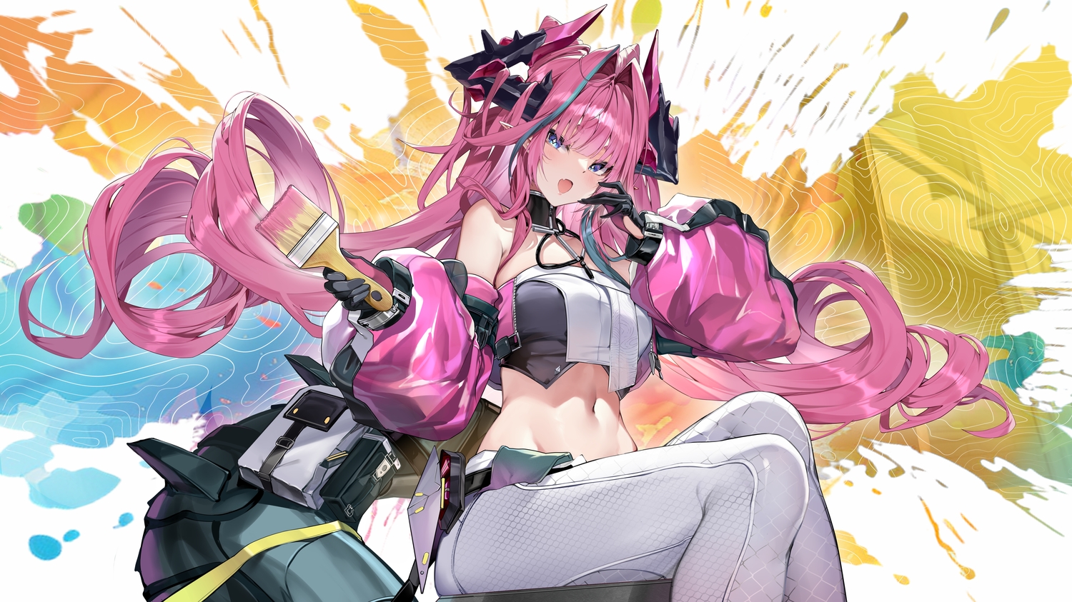 arknights, arknights:_endfield, blush, fang, gloves, horns, long_hair, navel, pink_hair, pointed_ears, purple_eyes, sijinni, tail, yvonne_(arknights)