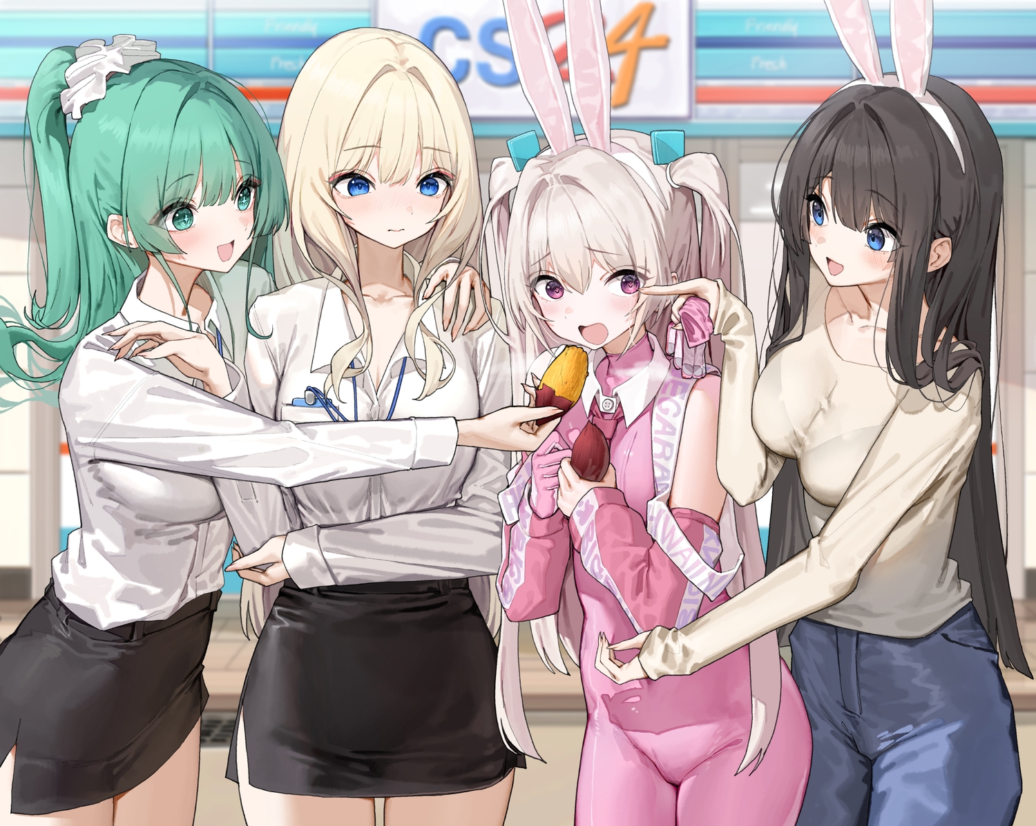 animal_ears, aqua_eyes, aqua_hair, blonde_hair, blue_eyes, blush, bodysuit, brown_hair