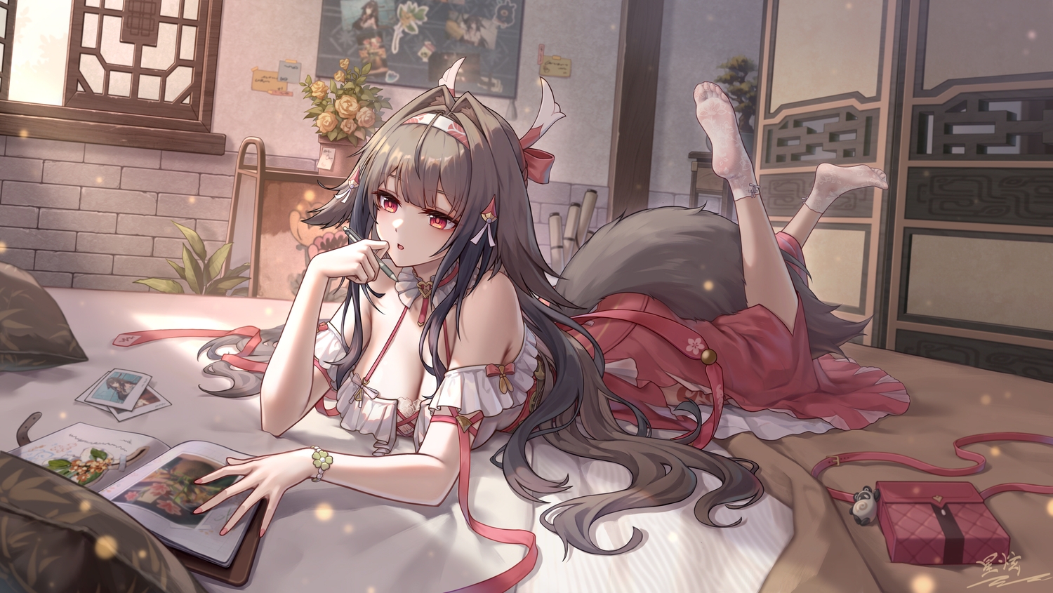 animal_ears, bed, book, bow, breasts, brown_hair, cleavage, foxgirl