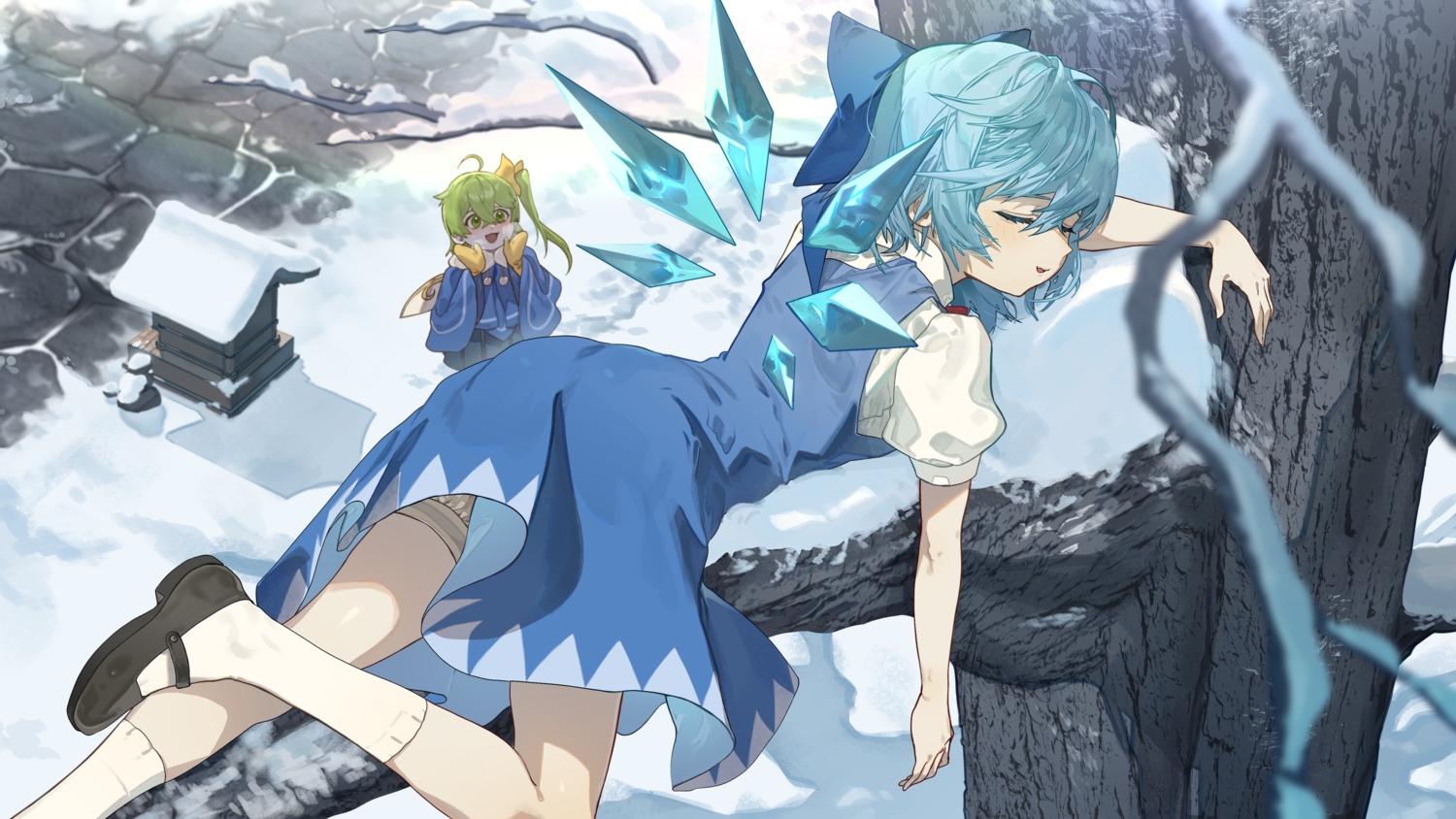 2girls, aqua_hair, bloomers, bow, cirno, daiyousei, fairy, gloves
