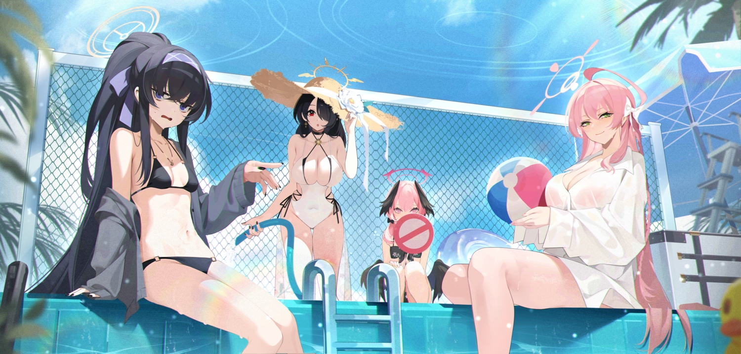 ball, bikini, black_hair, blue_archive, blue_eyes, blush, breasts, cleavage