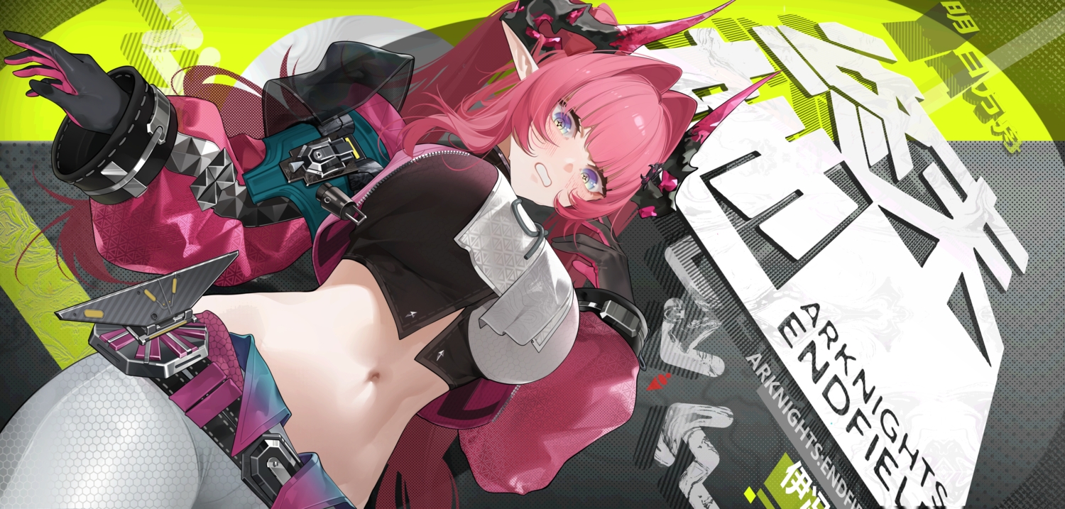 arknights, arknights:_endfield, blush, gloves, horns, lalacz, long_hair, navel, pink_hair, pointed_ears, twintails, yvonne_(arknights)