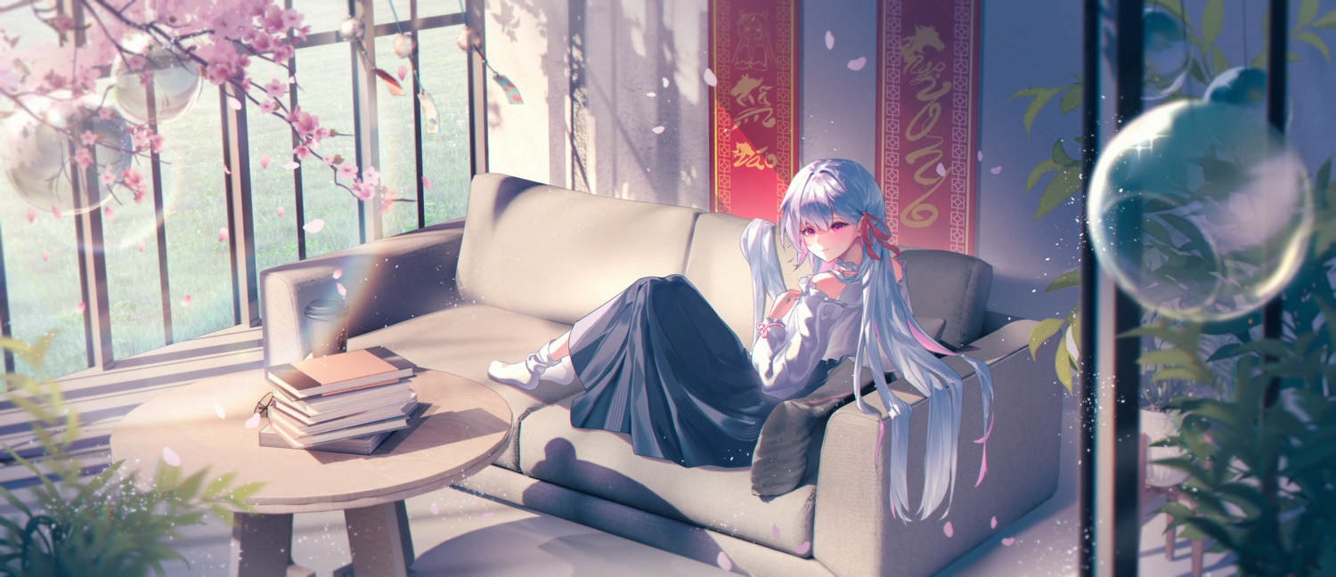 3d, book, cherry_blossoms, couch, flowers, gray_hair, kohaku_komeiji, long_hair