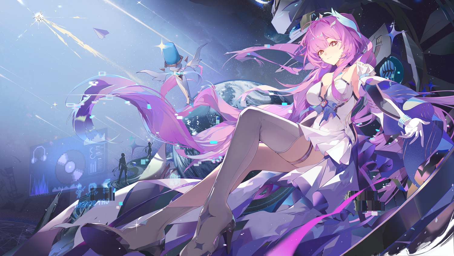 aemeath_(wuthering_waves), brown_eyes, dress, elbow_gloves, exostrider_(wuthering_waves), garter, gloves, long_hair