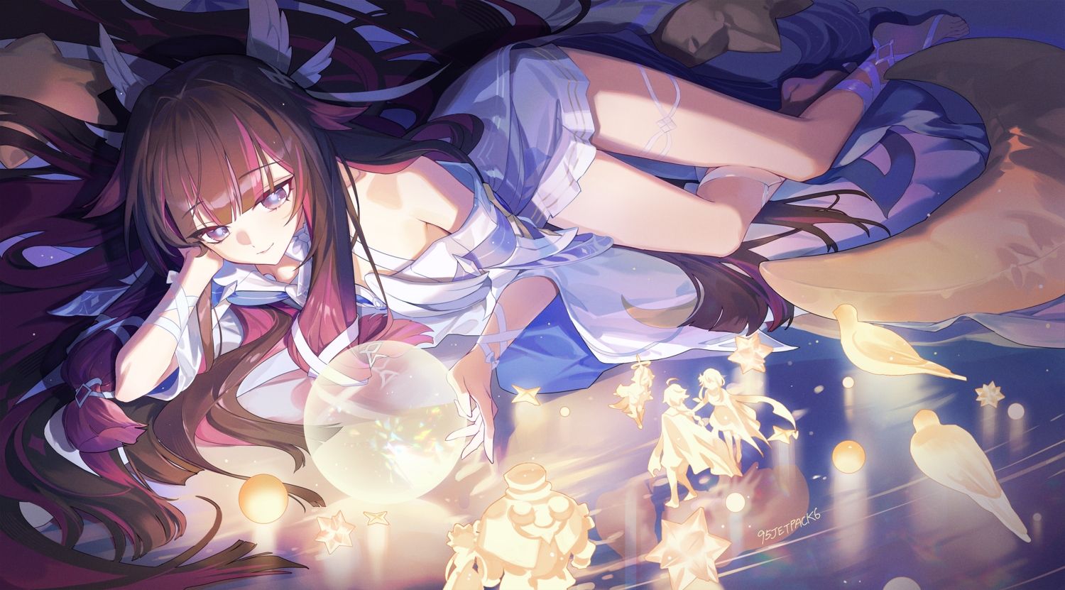 aether_(genshin_impact), animal, barefoot, bird, brown_hair, columbina_(genshin_impact), dress, garter, genshin_impact, long_hair, lumine_(genshin_impact), memdic_(srs00108), paimon_(genshin_impact), pulonia_(genshin_impact), purple_eyes, sandrone_(genshin_impact), signed, wings, wristwear