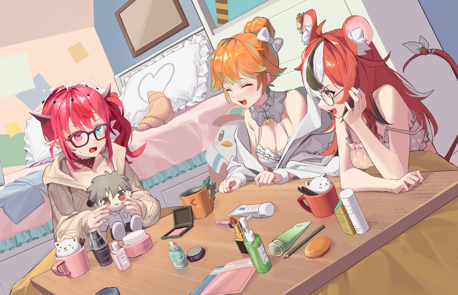 animal_ears, bed, bicolored_eyes, blush, bow, breasts, choker, cleavage