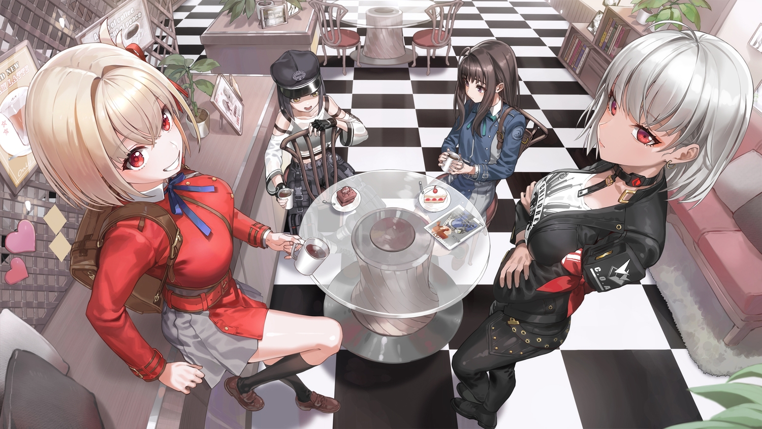black_hair, blonde_hair, book, bow, breast_hold, brown_hair, cake, cherry, collar, couch, crossover, drink, food, fruit, gloves, goddess_of_victory:_nikke, gray_hair, group, hat, inoue_takina, kfr, kneehighs, long_hair, lycoris_recoil, milk_(nikke), nishikigi_chisato, purple_eyes, red_eyes, school_uniform, short_hair, skirt, sugar_(nikke), wristwear, yellow_eyes