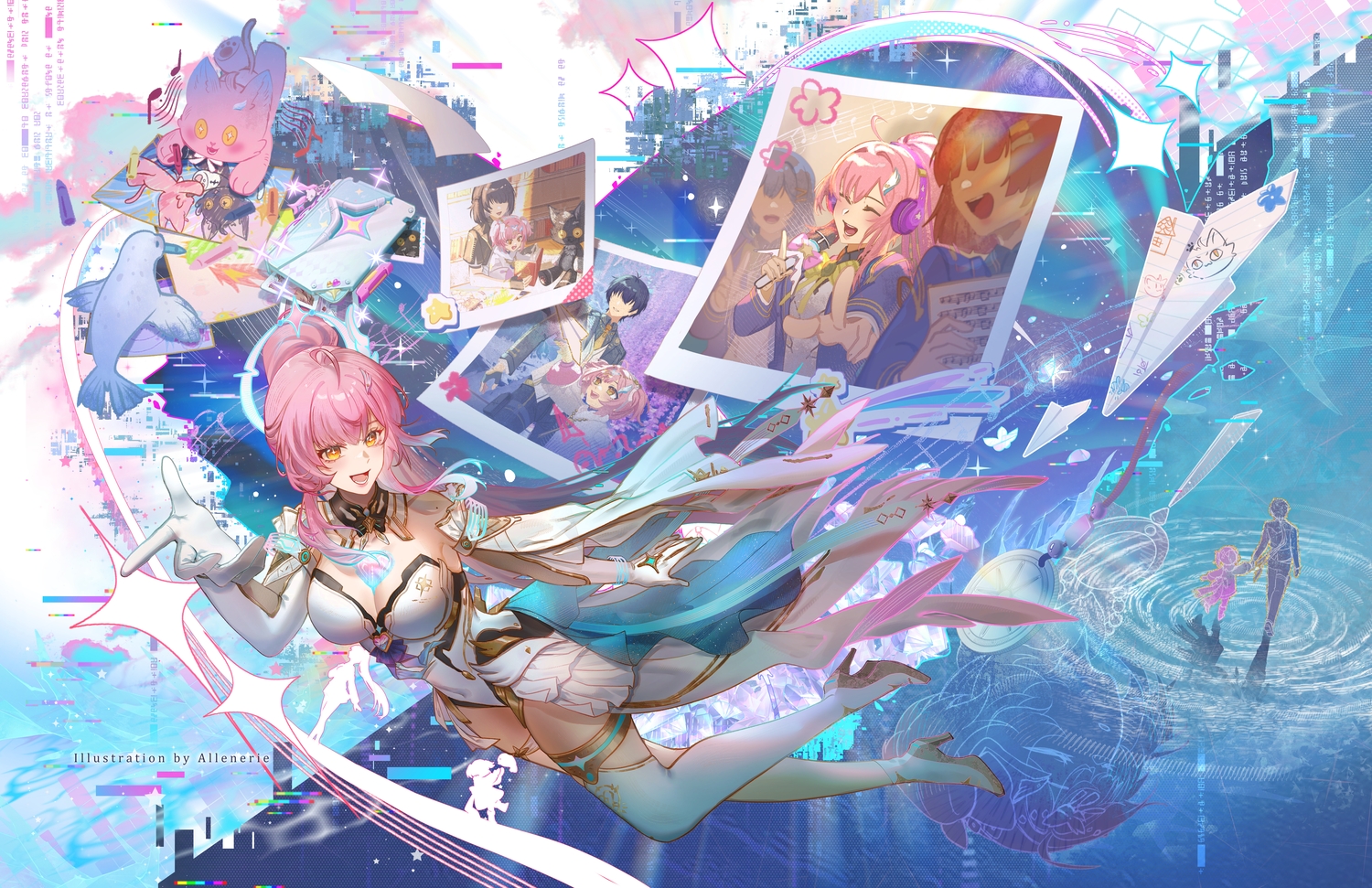 aemeath_(wuthering_waves), aircraft, allenerie, black_hair, book, boots, bow, breasts, cleavage, doll, dress, elbow_gloves, female_rover_(wuthering_waves), garter, gloves, halo, headphones, loli, long_hair, male, male_rover_(wuthering_waves), microphone, music, paper, pink_hair, school_uniform, suit, thighhighs, tie, twintails, water, watermark, wuthering_waves, yellow_eyes