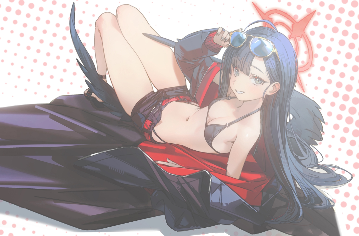 bikini, black_eyes, black_hair, blue_archive, breasts, cleavage, drive_shot, halo, long_hair, nakamasa_ichika, shorts, sunglasses, swimsuit, wings