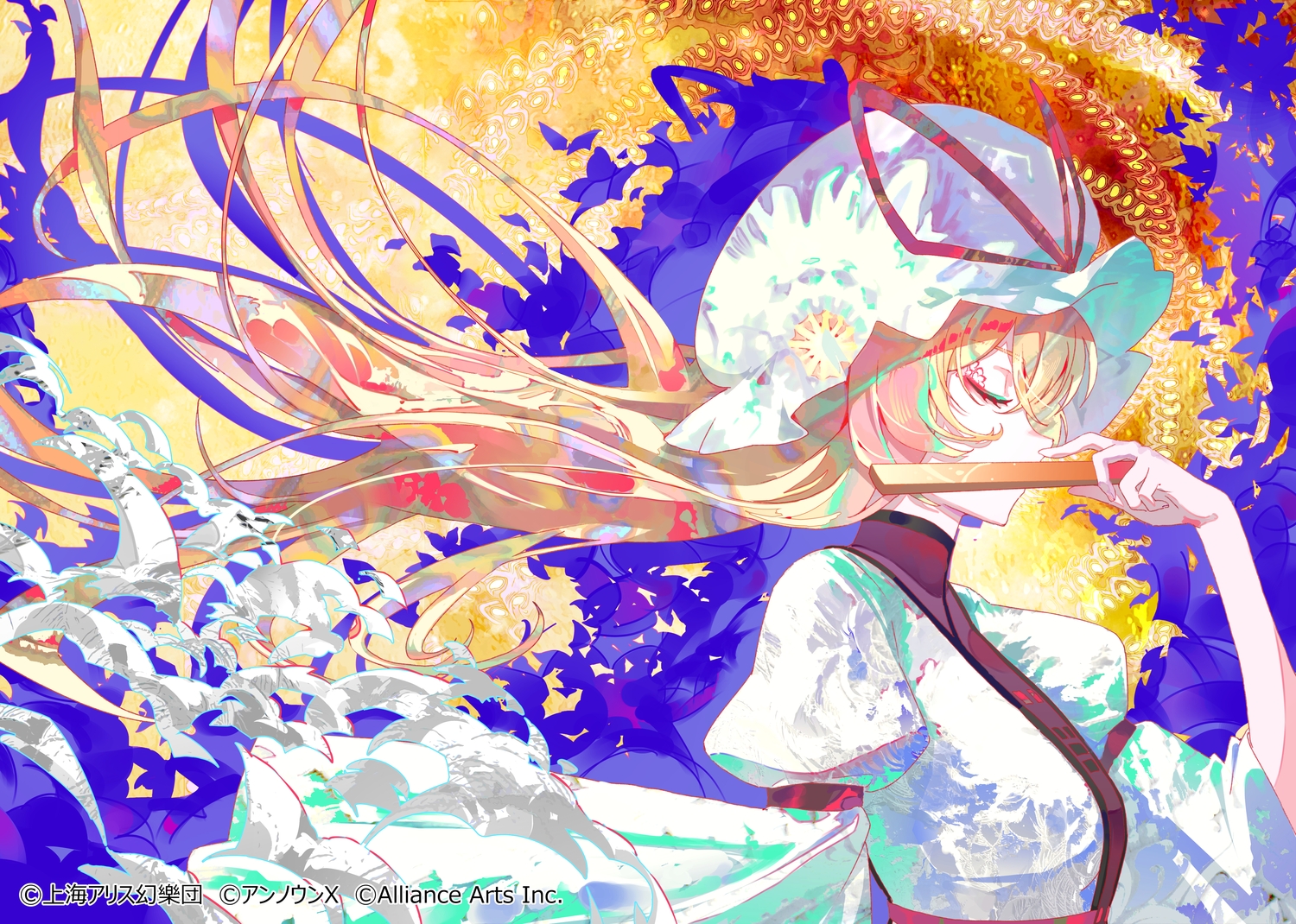 blonde_hair, bow, dress, fan, hat, leaves, long_hair, mont_blanca