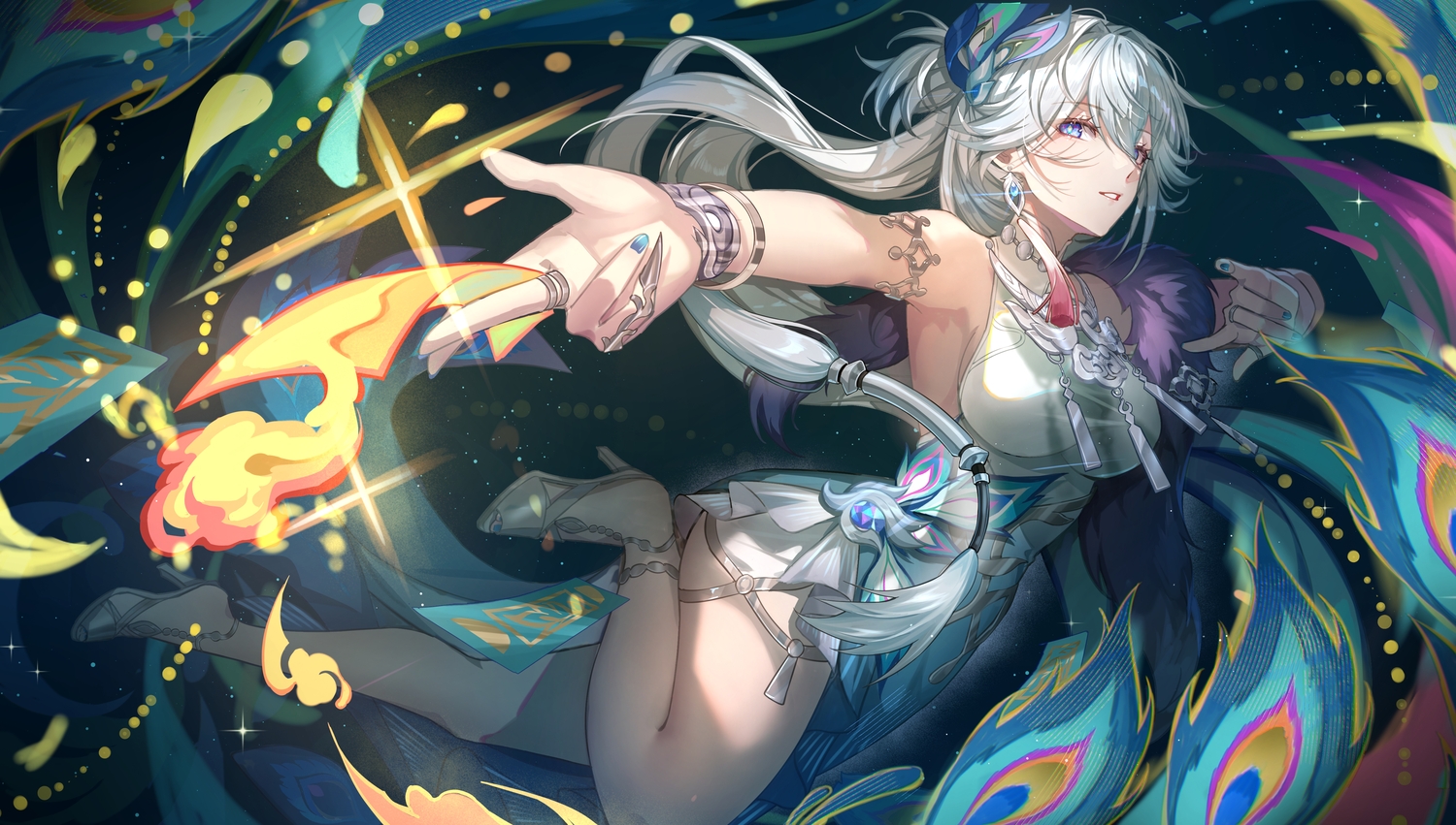 blue_eyes, dress, feathers, fire, gray_hair, honkai_(series), honkai:_star_rail, long_hair