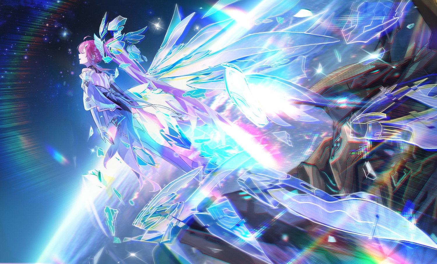 aemeath_(wuthering_waves), elbow_gloves, exostrider_(wuthering_waves), gloves, long_hair, mecha, pink_hair, planet
