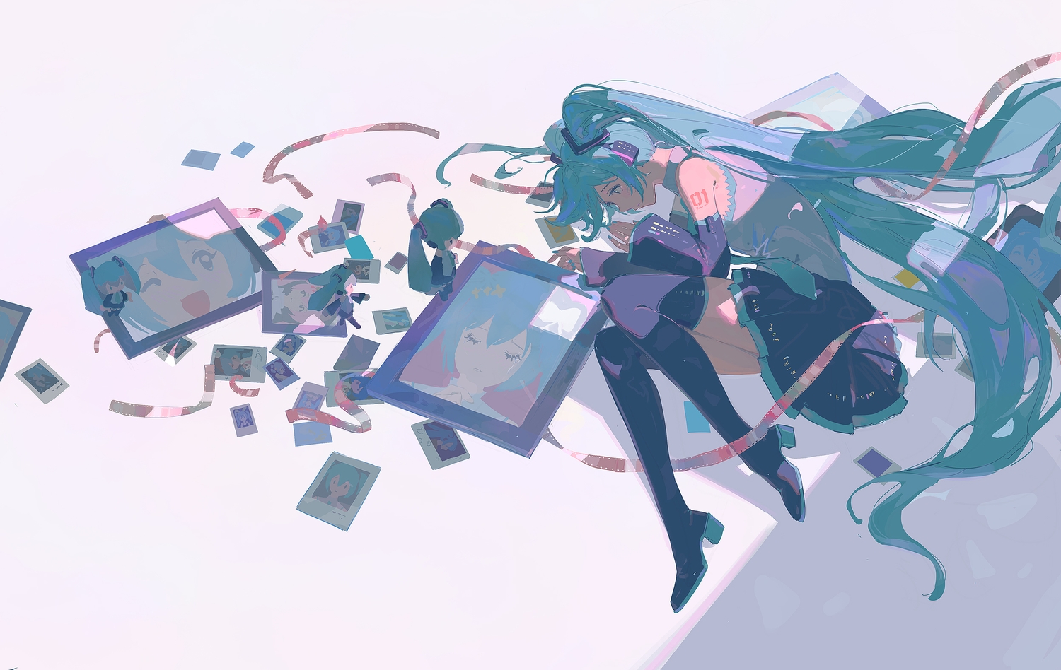 aqua_hair, chibi, hano_1219, hatsune_miku, long_hair, skirt, tattoo, thighhighs