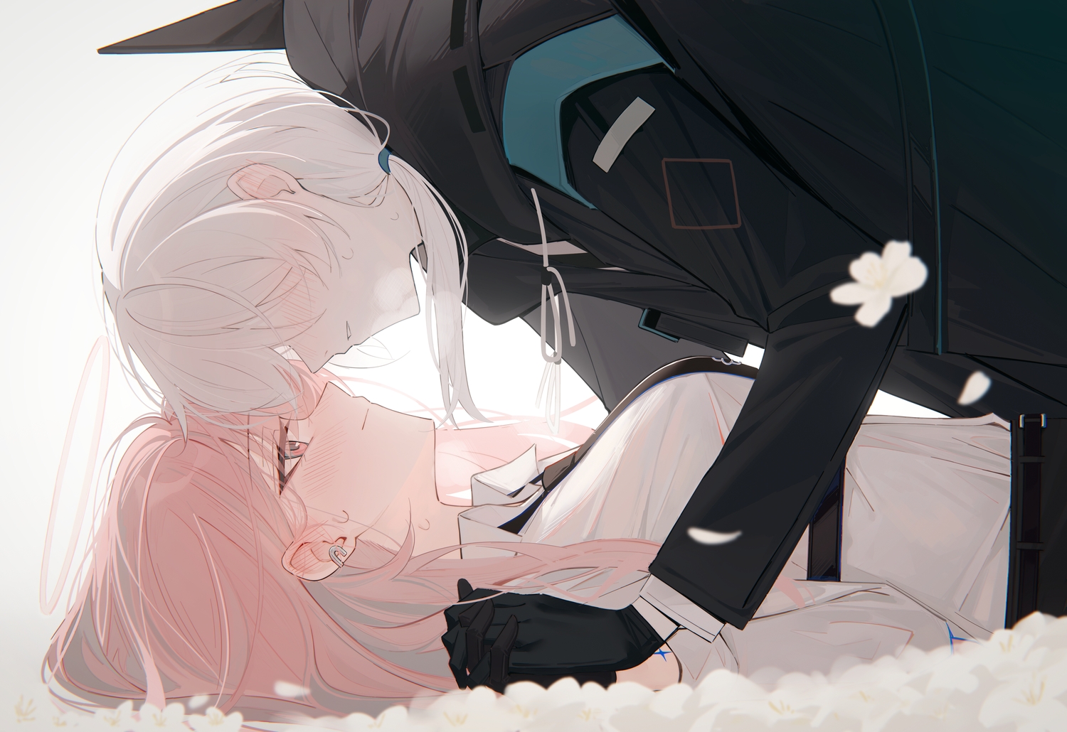 arknights, blush, doctor_(arknights), gloves, hood, lemuen_(arknights), long_hair, pink_eyes