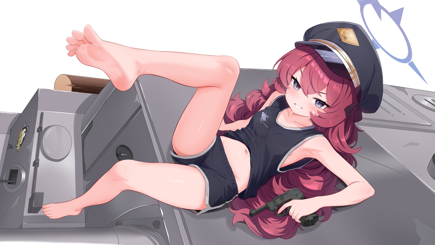 barefoot, black_eyes, blue_archive, blush, combat_vehicle, c-r-carlos, halo, hat, kazama_iroha, long_hair, navel, no_bra, red_hair, shirt_lift, shorts, white
